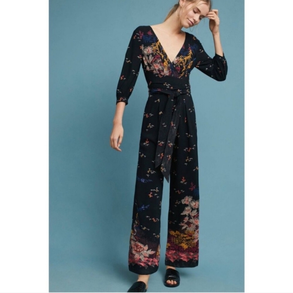 Anthropologie Feather Bone‎ Floral Boho Cottagecore Festival Jumpsuit, Sz 4